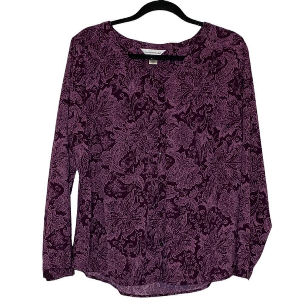 Christopher & Banks Purple V-neck Button Up Loose Blouse Floral Size Large